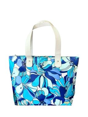 Floral Waterproof Beach Bag Tote in Blue Turquoise & White Like New 18x12x5”